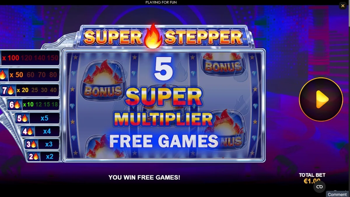 Tampilan visual neon ungu dan simbol retro-futuristik pada slot Super Stepper